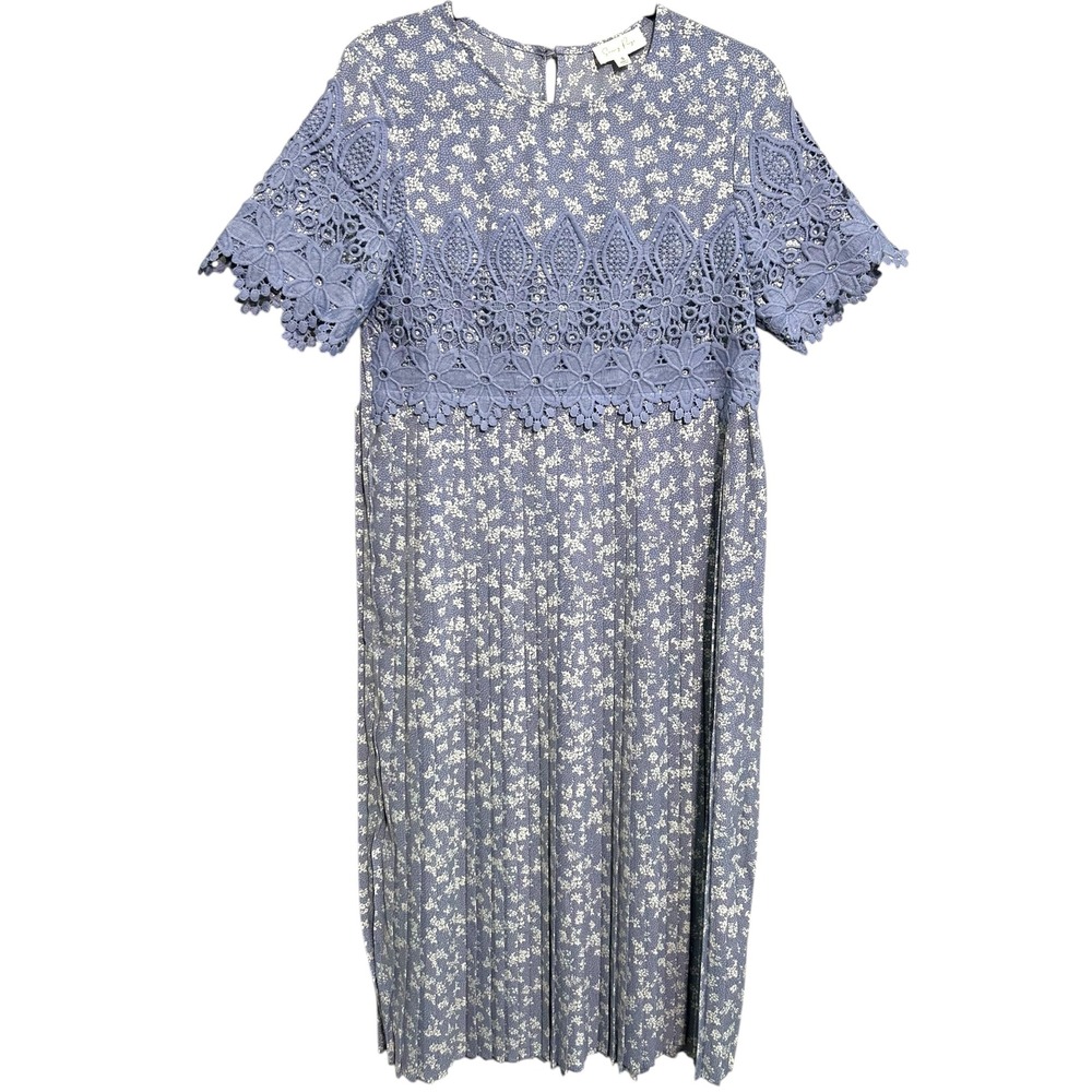 Saving Paige Floral Lace Pleated‎ Midi Dress Women's Size S Blue Modest Dainty